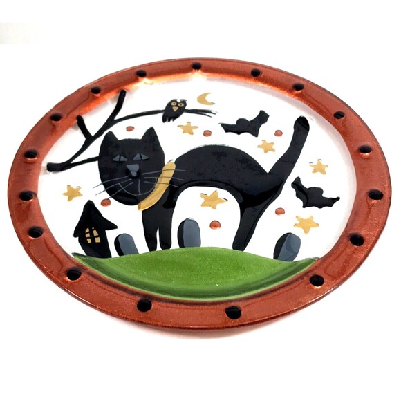 Large Halloween Black Cat Glass Platter Plate Artist Fused Painted Glass 14" EUC - Picture 3 of 10